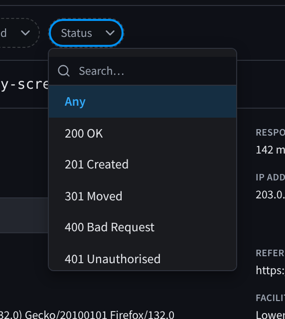 The Status menu open, with a search box, Any, and statuses from 200 OK to 401 Unauthorised