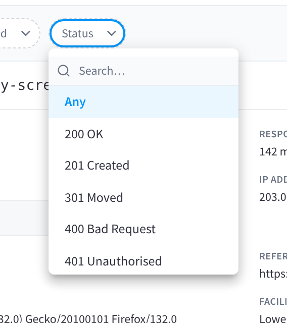 The Status menu open, with a search box, Any, and statuses from 200 OK to 401 Unauthorised