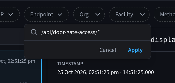 The Endpoint filter open, with /api/door-gate-access/* typed in and the Cancel and Apply buttons