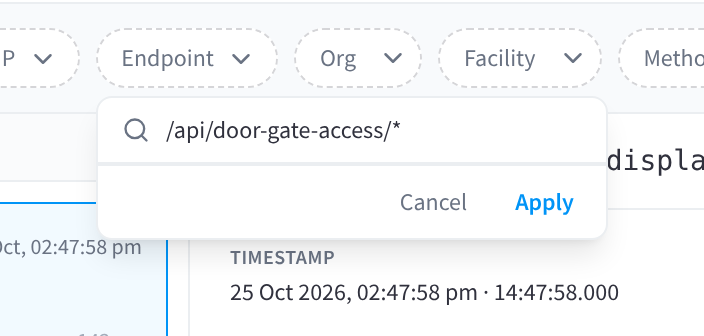 The Endpoint filter open, with /api/door-gate-access/* typed in and the Cancel and Apply buttons