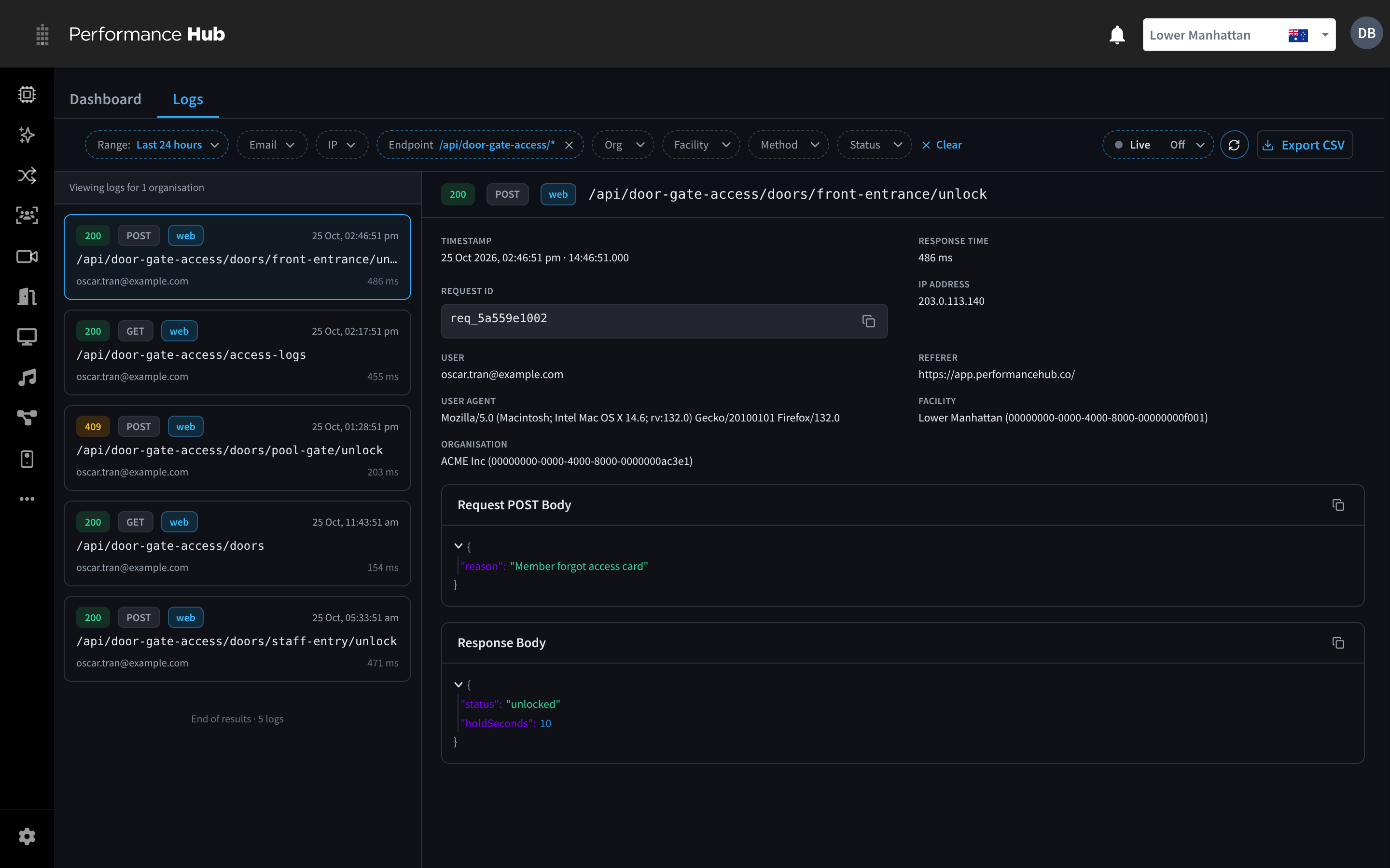 The Logs tab filtered to /api/door-gate-access/*, with the front entrance unlock request open
