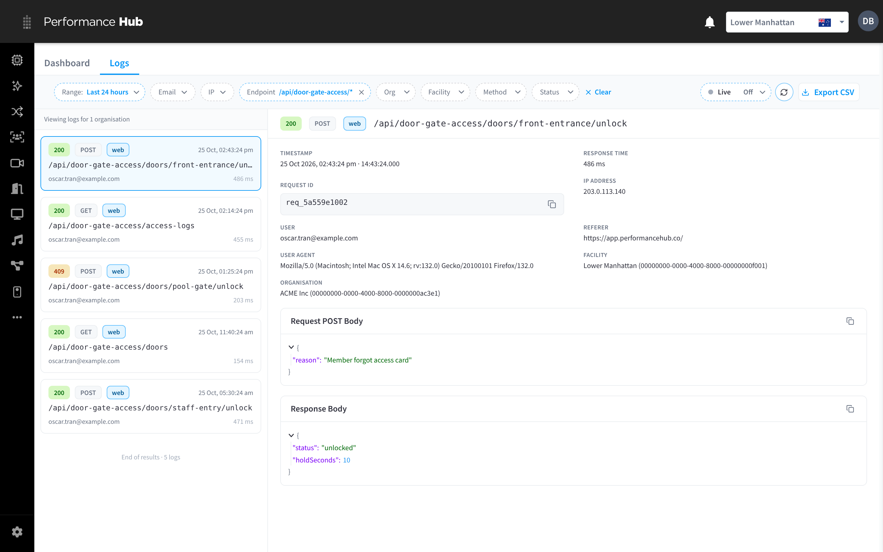 The Logs tab filtered to /api/door-gate-access/*, with the front entrance unlock request open