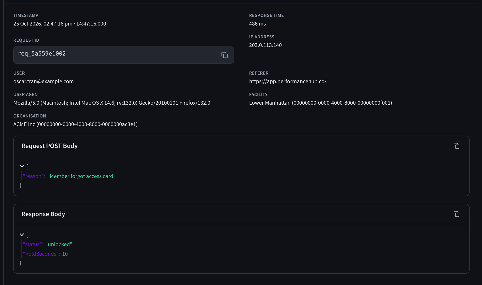 A log entry's details: timestamp, response time, request ID, IP address, user, referer, user agent, facility and organisation, then the request and response bodies