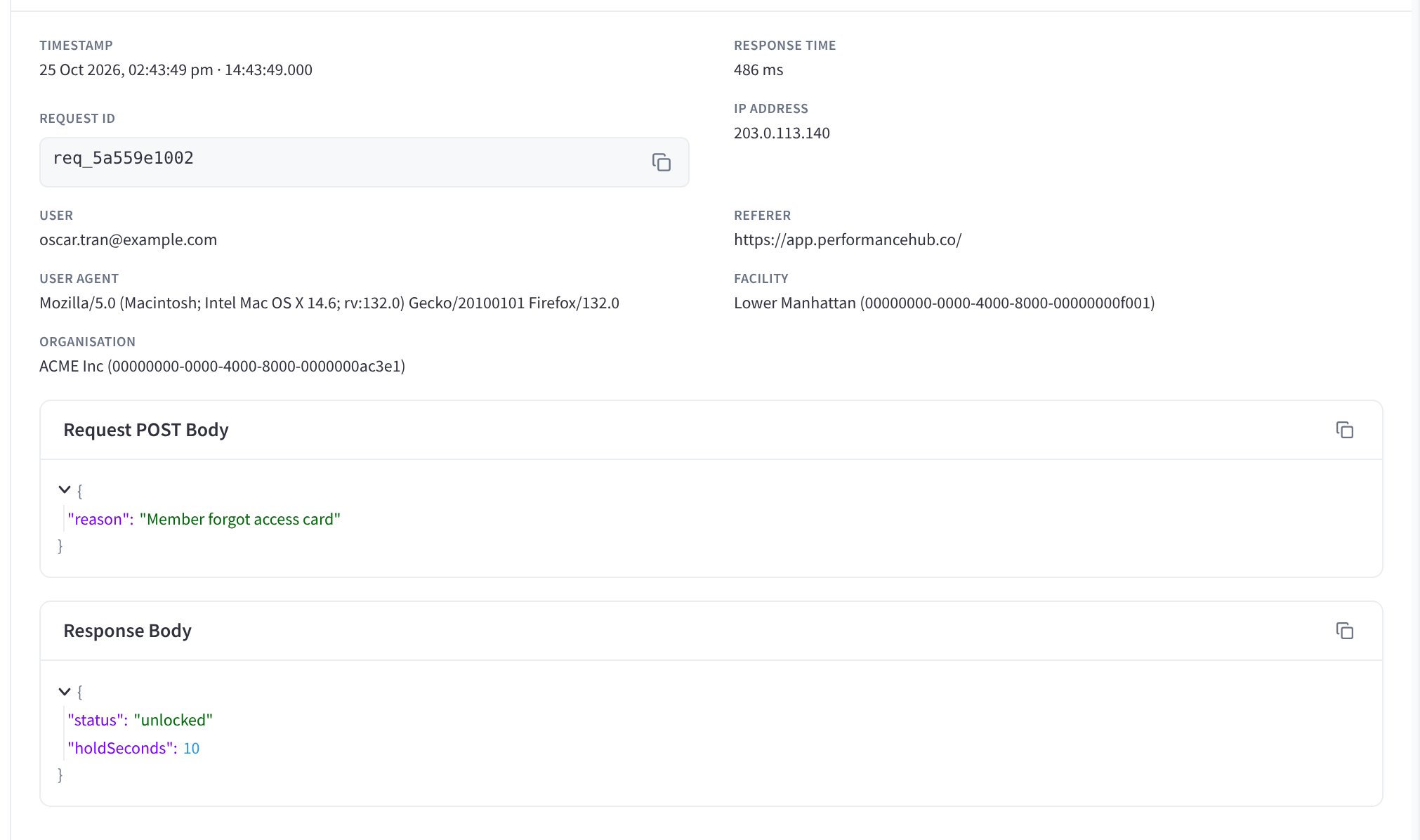 A log entry's details: timestamp, response time, request ID, IP address, user, referer, user agent, facility and organisation, then the request and response bodies