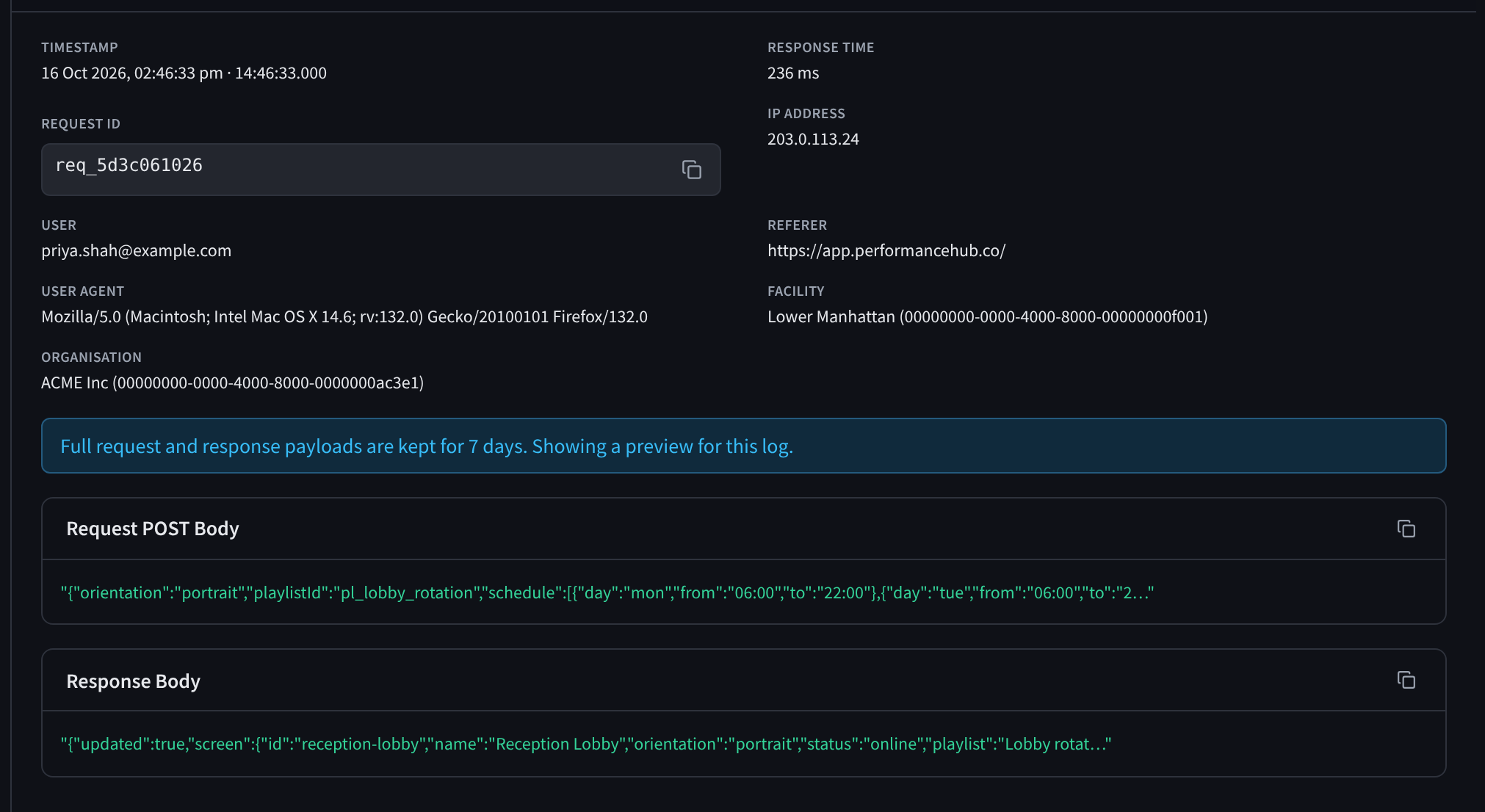 A log entry older than 7 days, with the preview notice and shortened request and response bodies