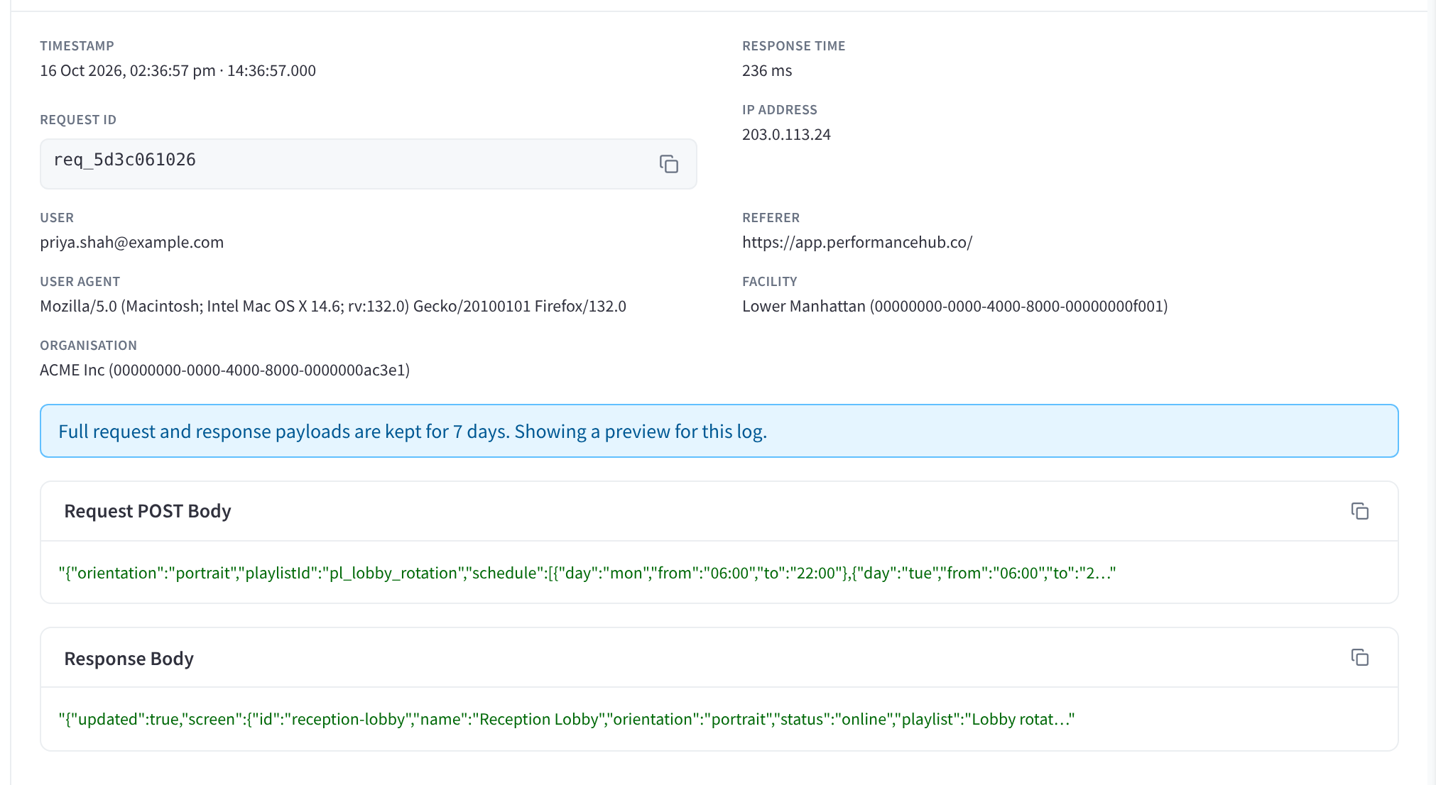 A log entry older than 7 days, with the preview notice and shortened request and response bodies