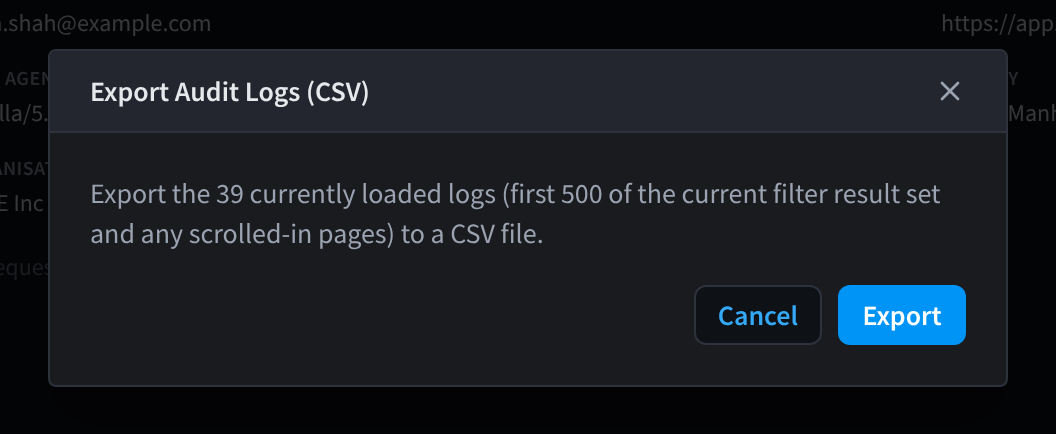The Export Audit Logs (CSV) dialog, with the number of loaded logs and the Cancel and Export buttons