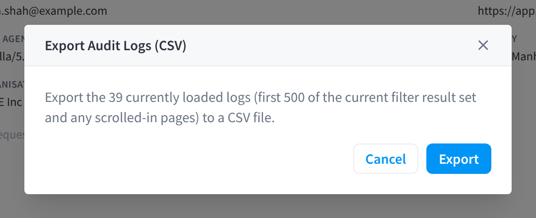 The Export Audit Logs (CSV) dialog, with the number of loaded logs and the Cancel and Export buttons