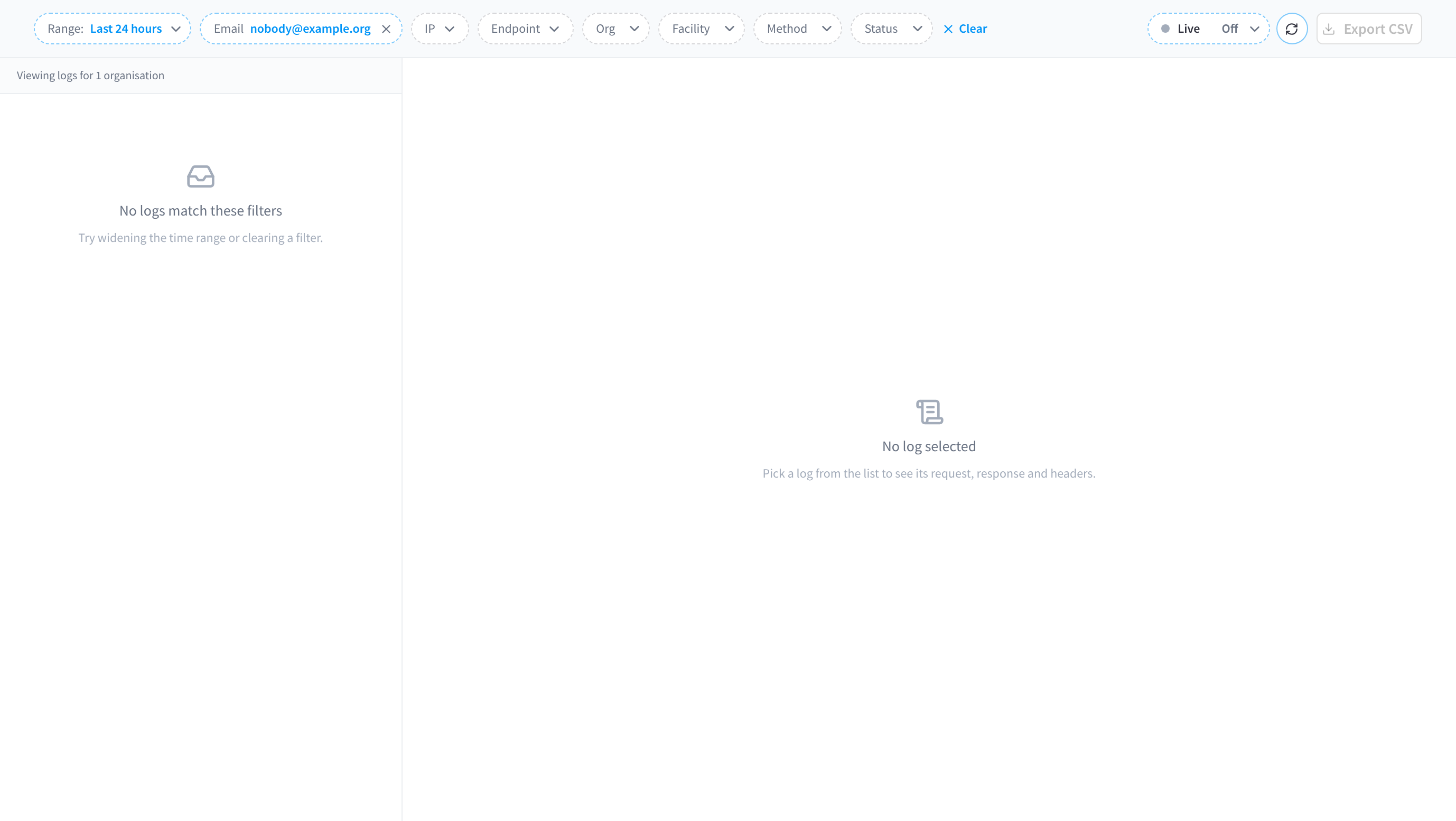 The Logs tab with an Email filter set, showing No logs match these filters