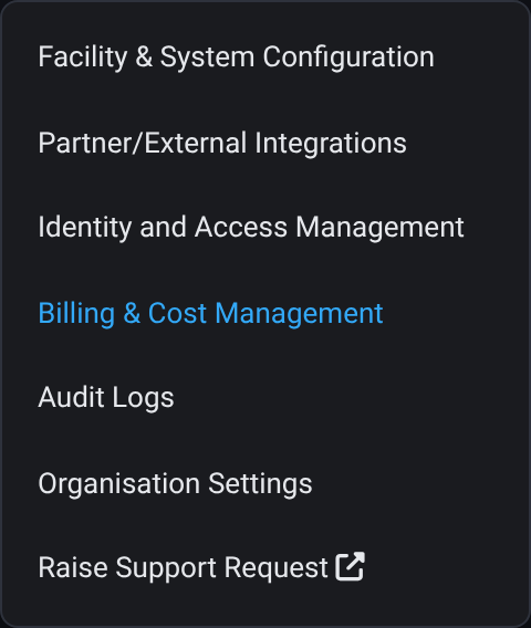 The settings menu with Billing & Cost Management between Identity and Access Management and Audit Logs