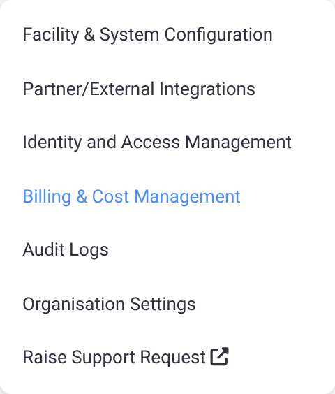 The settings menu with Billing & Cost Management between Identity and Access Management and Audit Logs