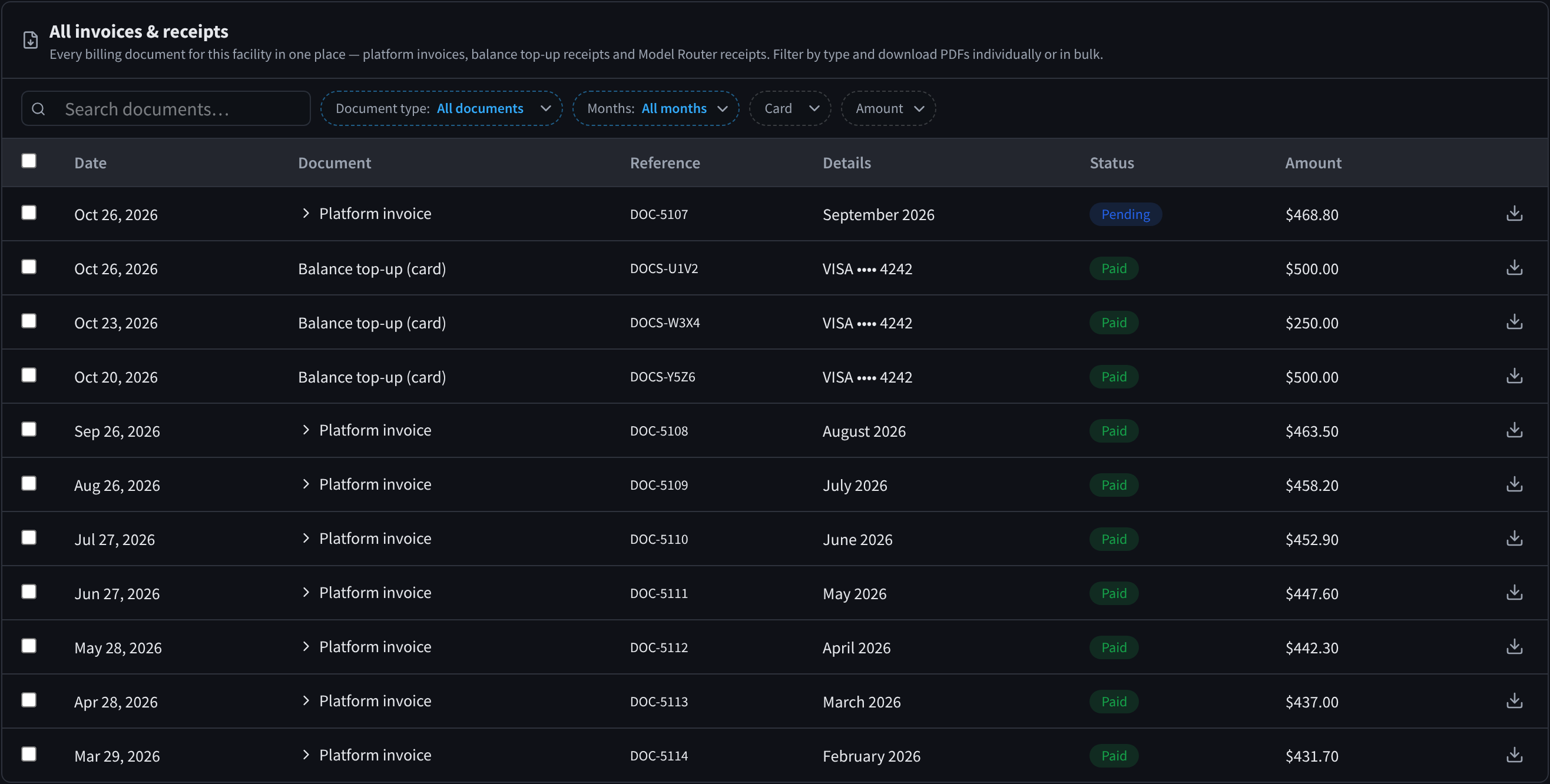 All invoices & receipts with Search documents, the Document type, Months, Card and Amount filters, and platform invoices and balance top-up receipts