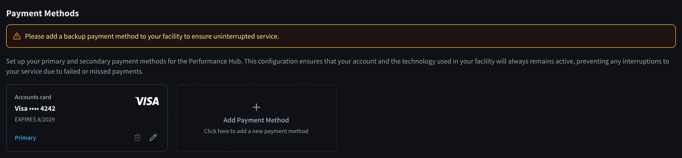 Payment Methods with the backup payment method reminder, a primary card and the Add Payment Method tile