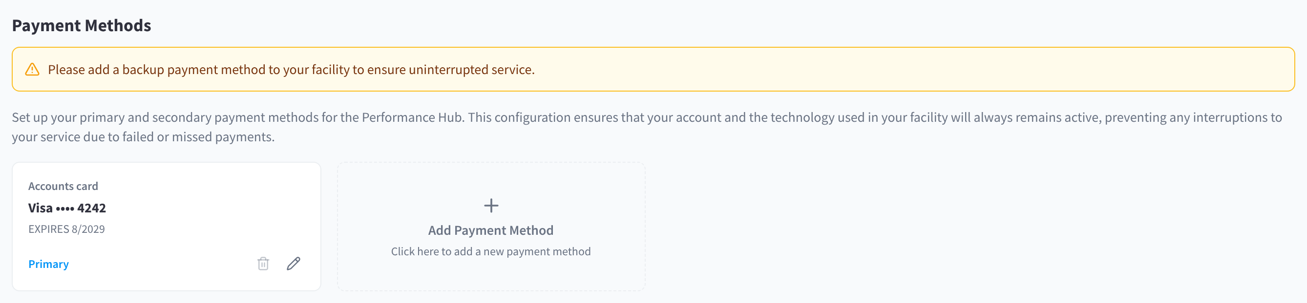 Payment Methods with the backup payment method reminder, a primary card and the Add Payment Method tile