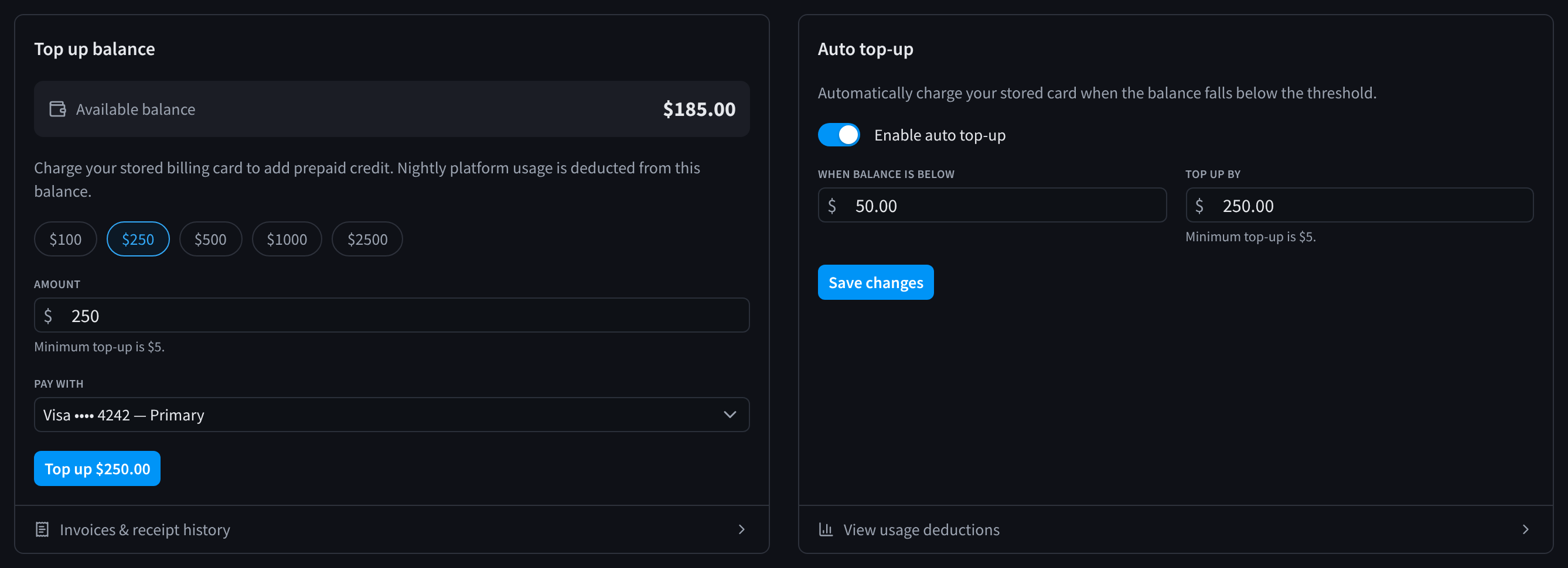 Top up balance with preset amounts, Amount, Pay with and the Top up button, and Auto top-up with When balance is below, Top up by and Save changes