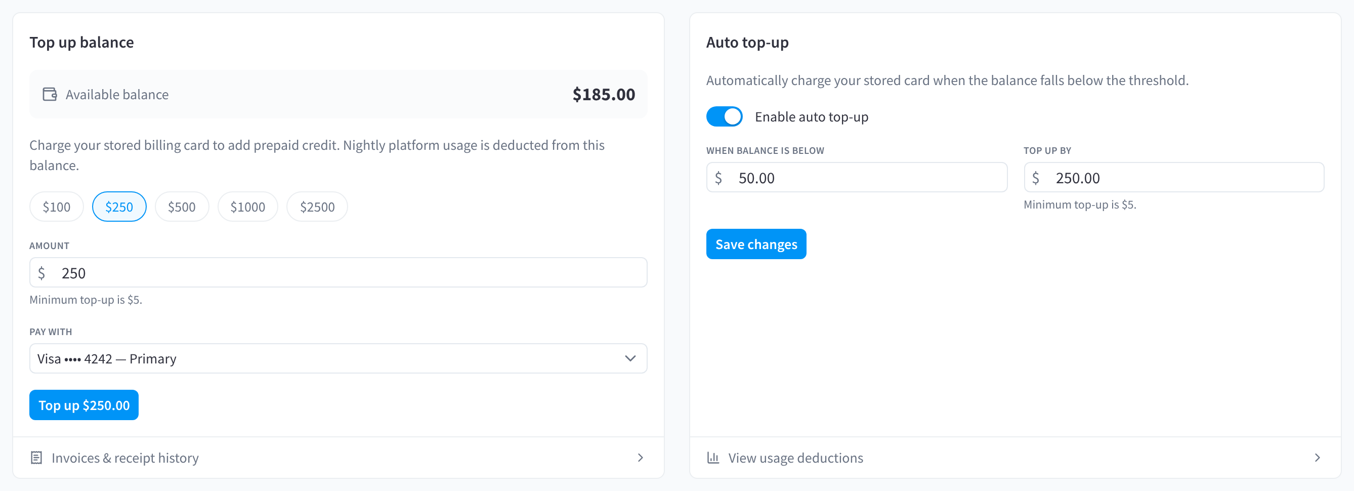 Top up balance with preset amounts, Amount, Pay with and the Top up button, and Auto top-up with When balance is below, Top up by and Save changes