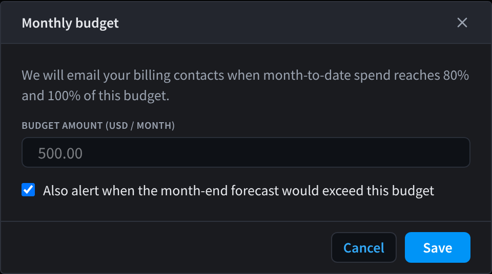 The Monthly budget dialog with Budget amount (USD / month), the forecast alert checkbox, Cancel and Save