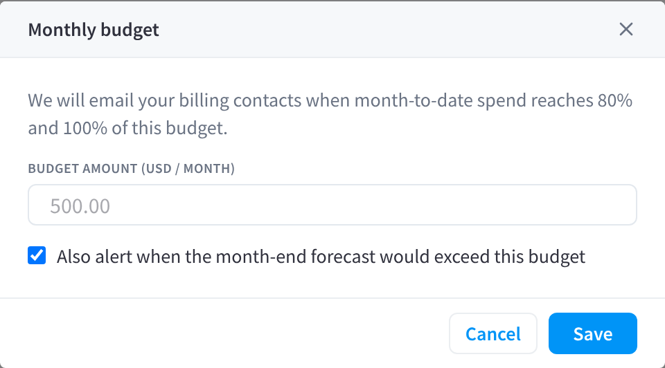 The Monthly budget dialog with Budget amount (USD / month), the forecast alert checkbox, Cancel and Save