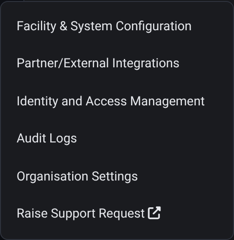 Menu Settings di premis yang dibayar oleh organisasinya: Facility & System Configuration, Partner/External Integrations, Identity and Access Management, Log Audit, Organisation Settings dan Ajukan Permintaan Sokongan, tanpa entri Billing & Cost Management.