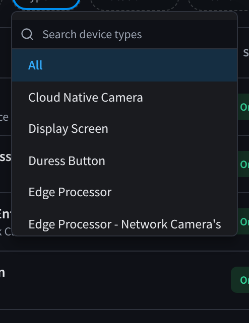 The Type filter open, with a search box and the device types at the facility