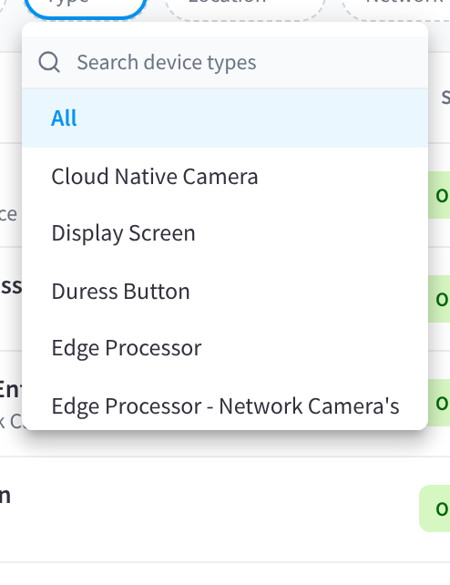 The Type filter open, with a search box and the device types at the facility