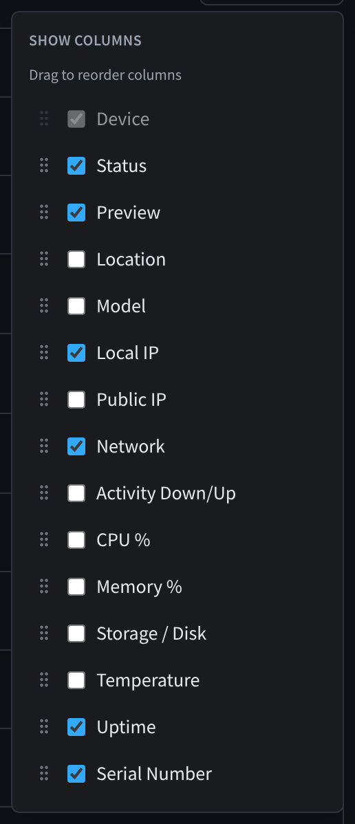 The Show columns menu, with a tick box and a drag handle for each column