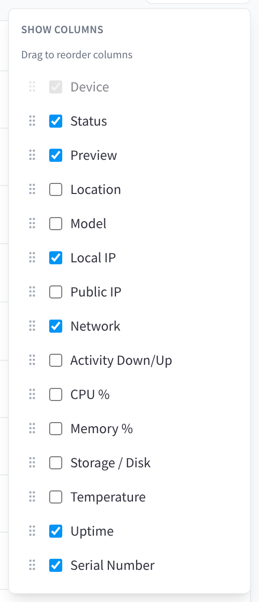 The Show columns menu, with a tick box and a drag handle for each column
