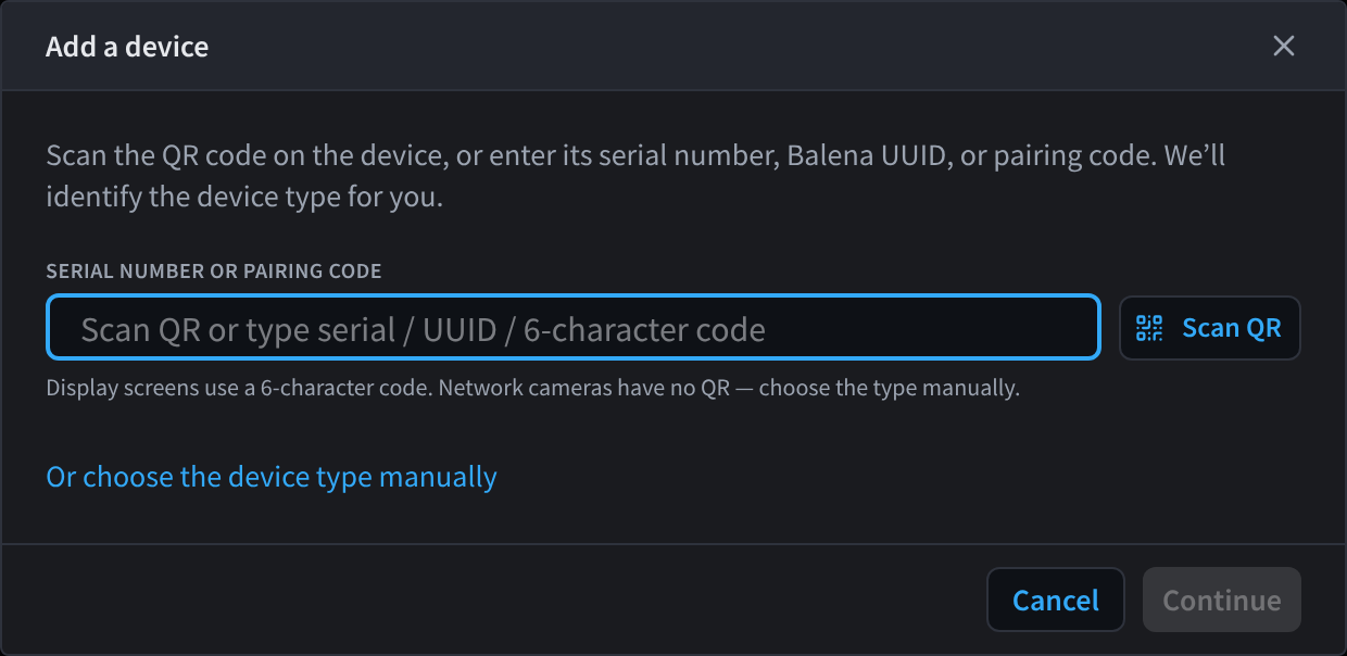 El cuadro de diálogo Add a device, con un cuadro para el número de serie o el código de vinculación, un botón Scan QR y el enlace Or choose the device type manually
