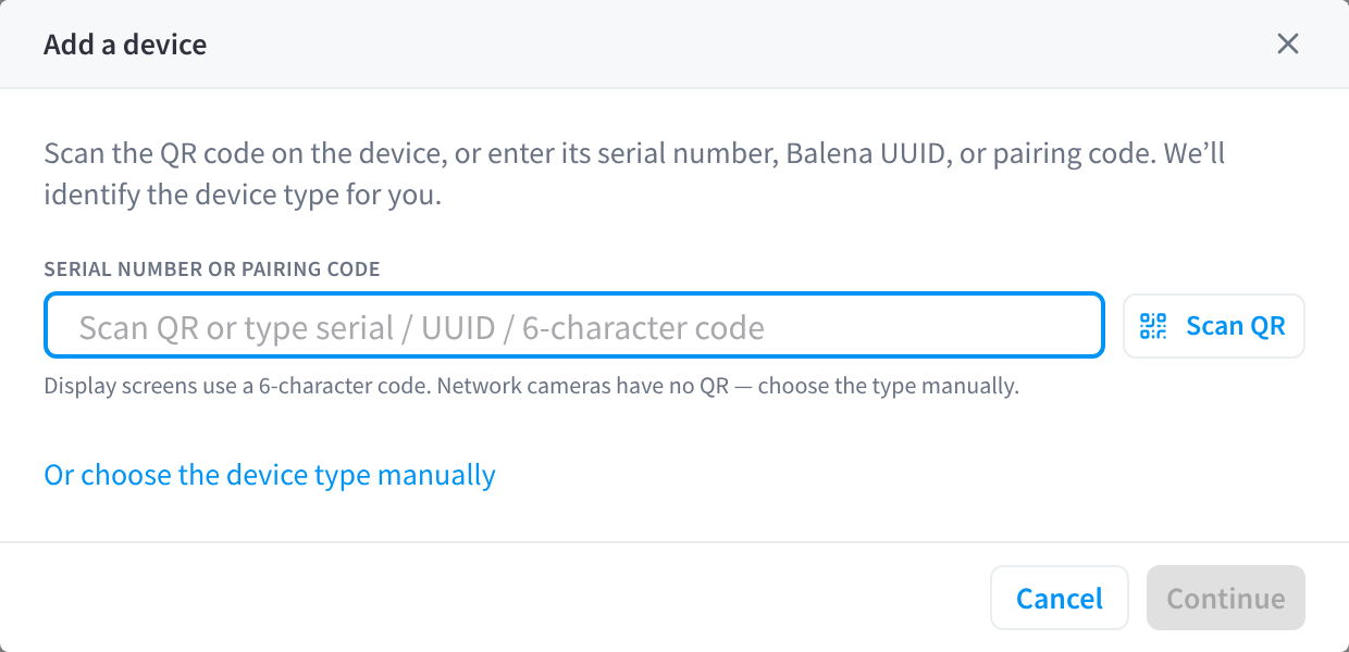 El cuadro de diálogo Add a device, con un cuadro para el número de serie o el código de vinculación, un botón Scan QR y el enlace Or choose the device type manually