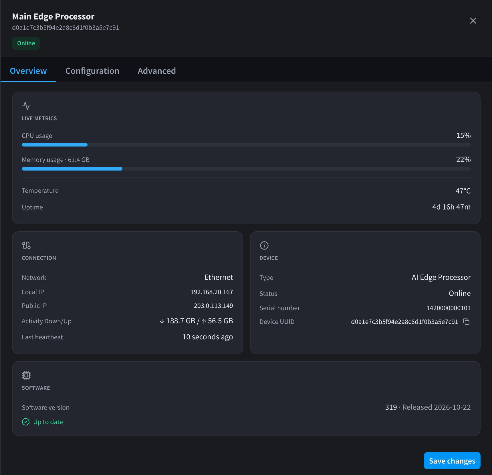 An edge processor's Overview tab, with live metrics, connection, device and software details