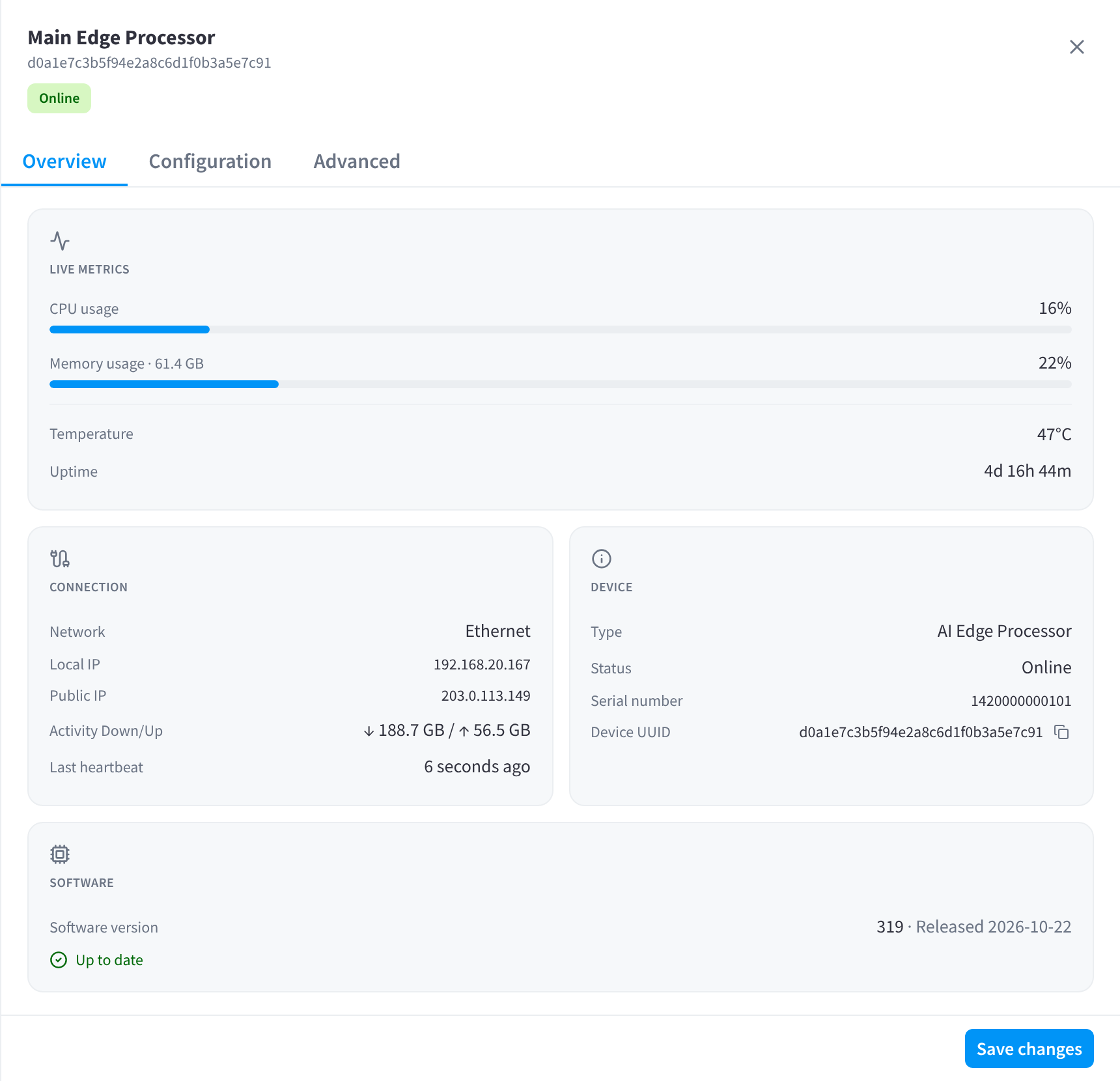 An edge processor's Overview tab, with live metrics, connection, device and software details
