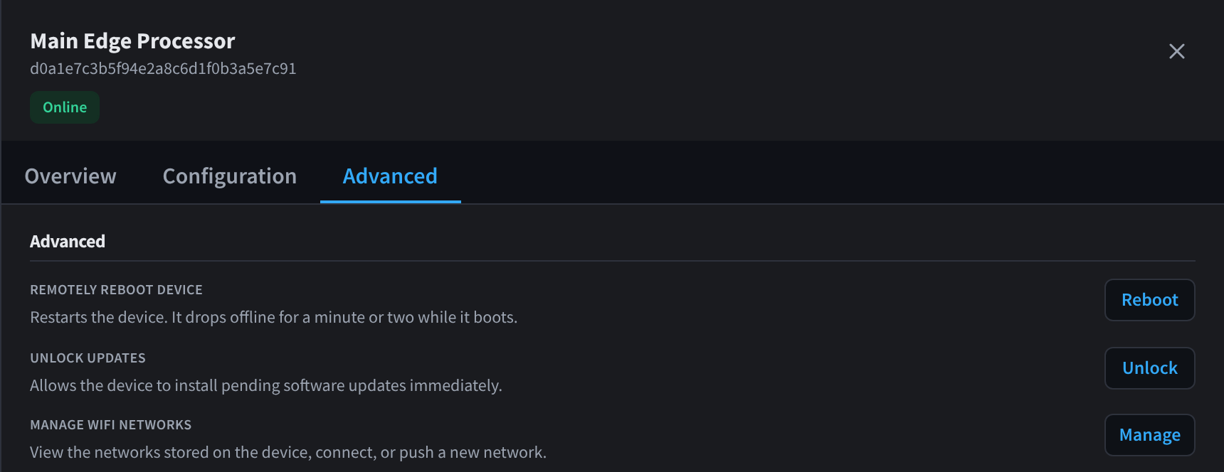 Tab Advanced pemproses edge, dengan Reboot, Unlock dan Manage