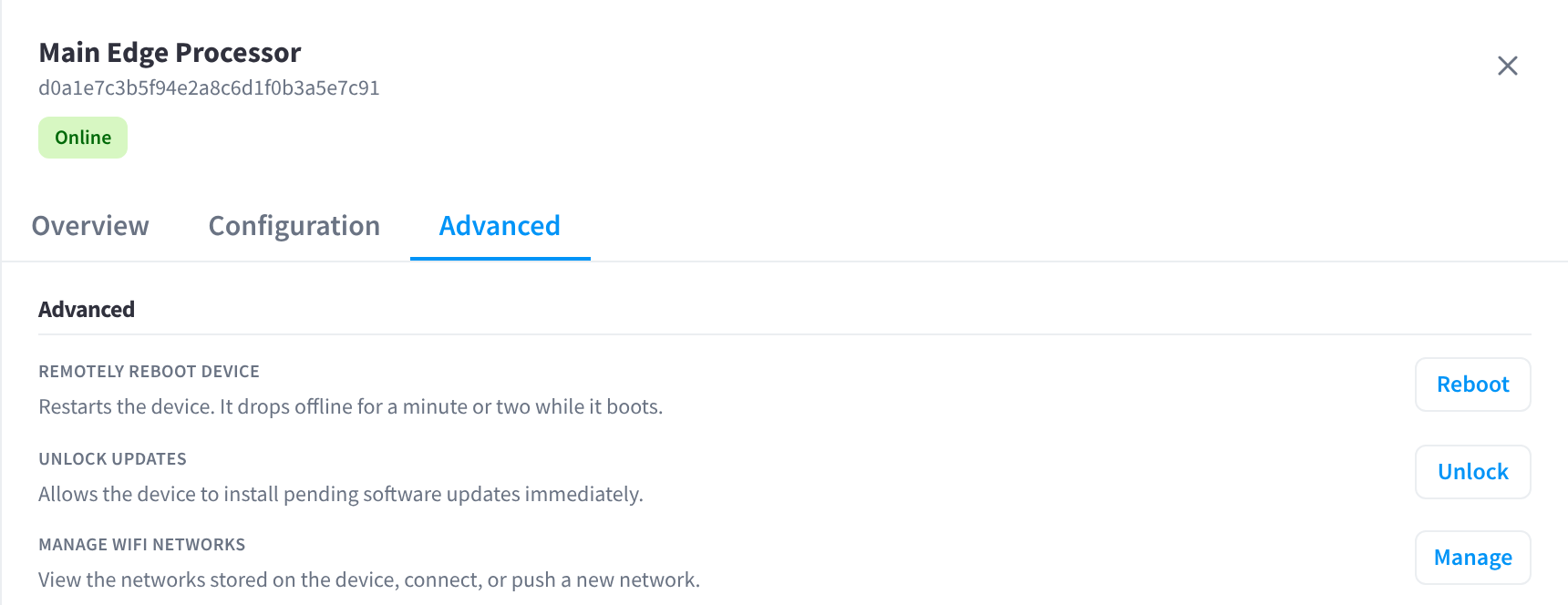 Tab Advanced pemproses edge, dengan Reboot, Unlock dan Manage
