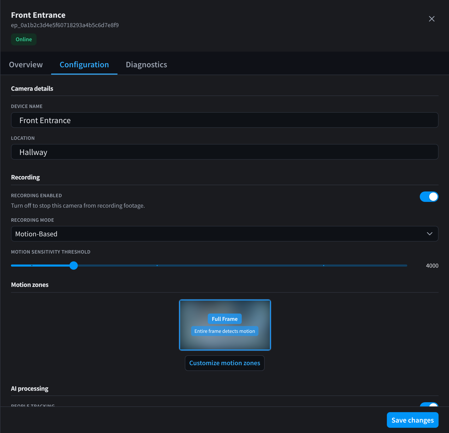 A network camera's Configuration tab, with the camera's name and location, recording settings, motion zones and AI processing