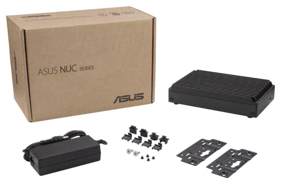The Display Screen Player with its power adapter and the two mounting brackets that come in the box