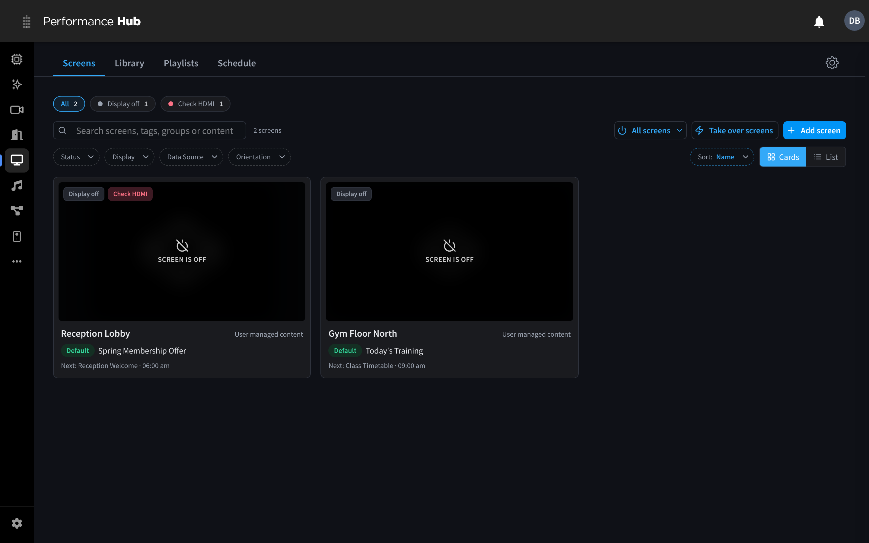 The Screens tab