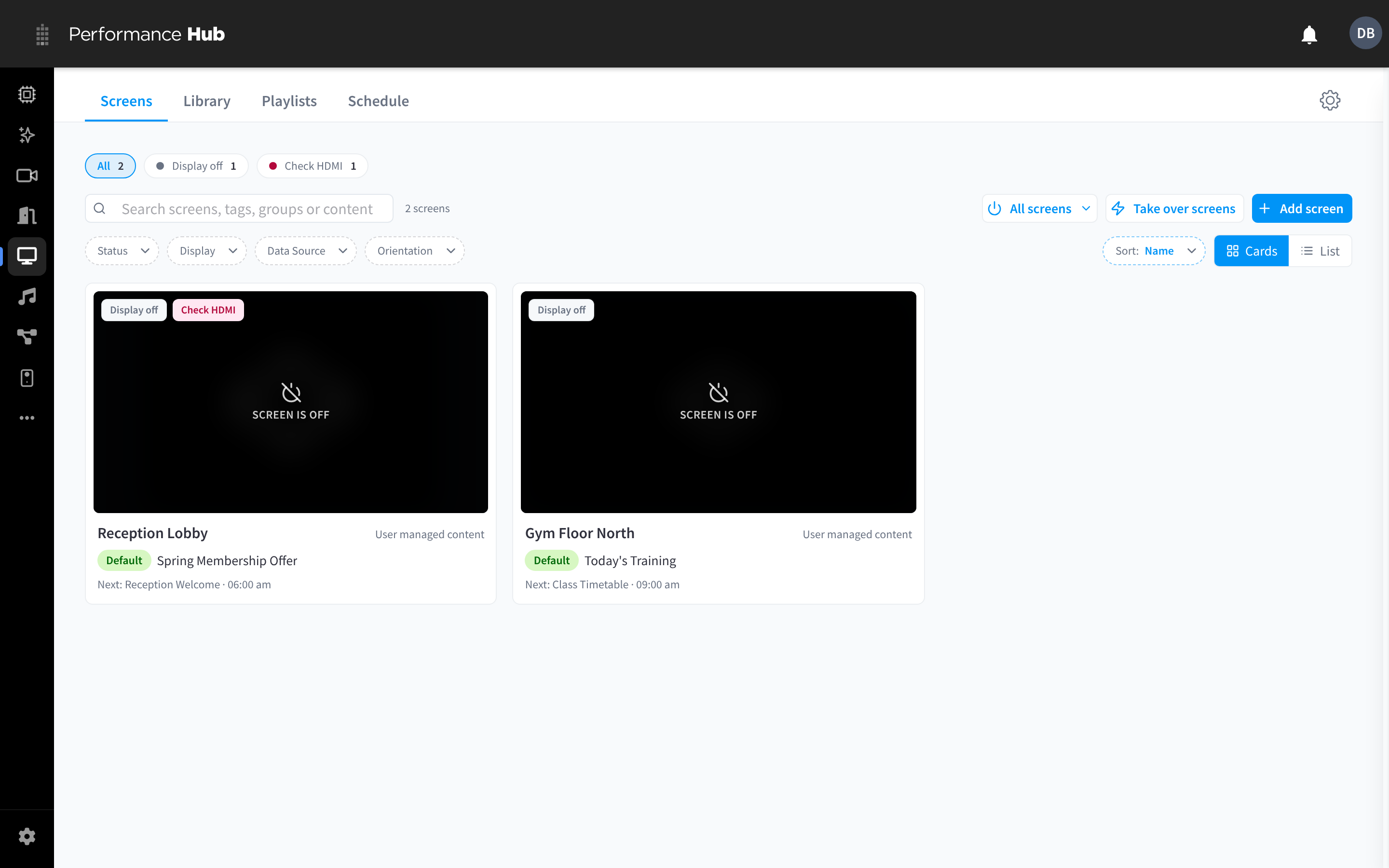 The Screens tab