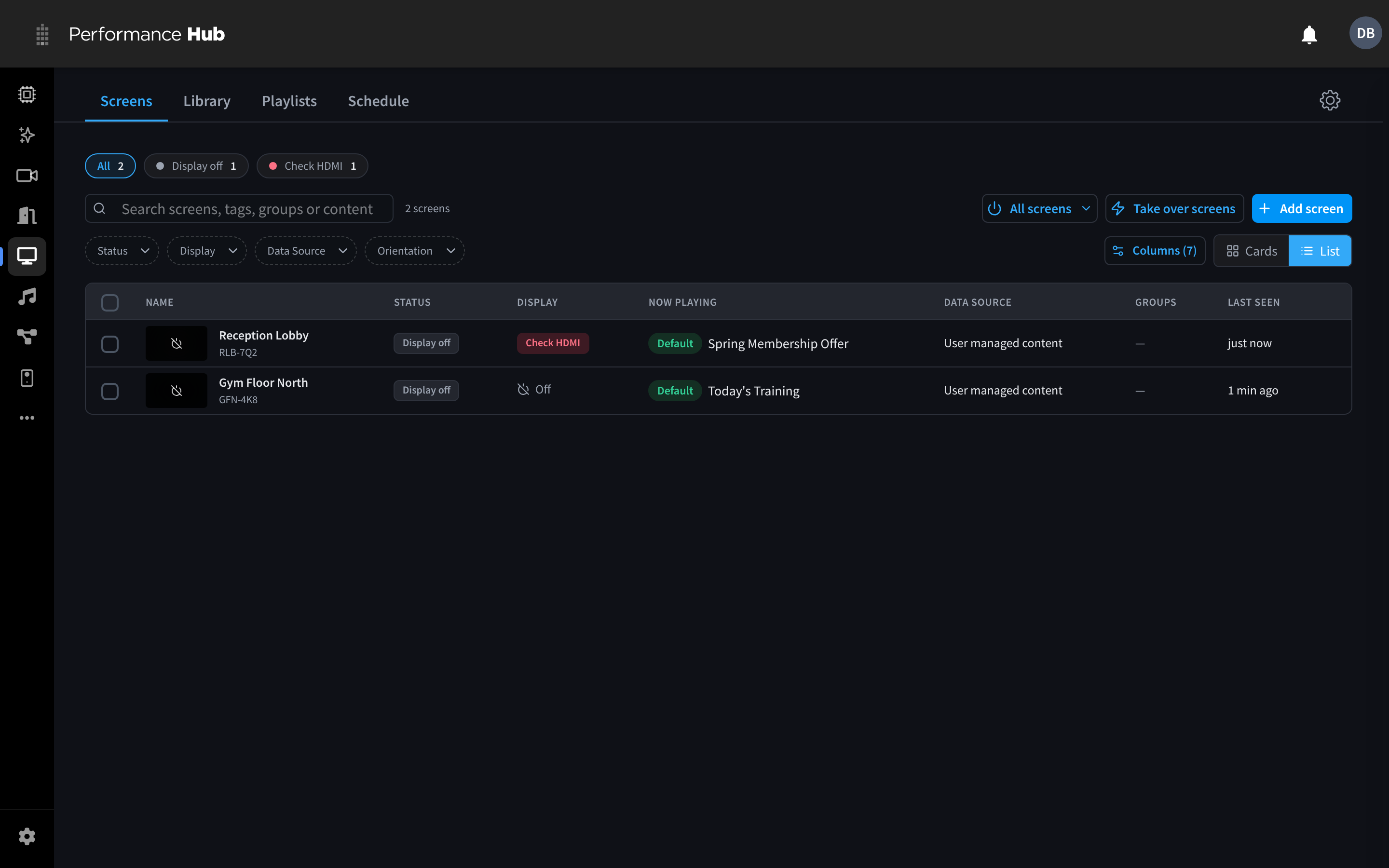 The Screens tab in list view