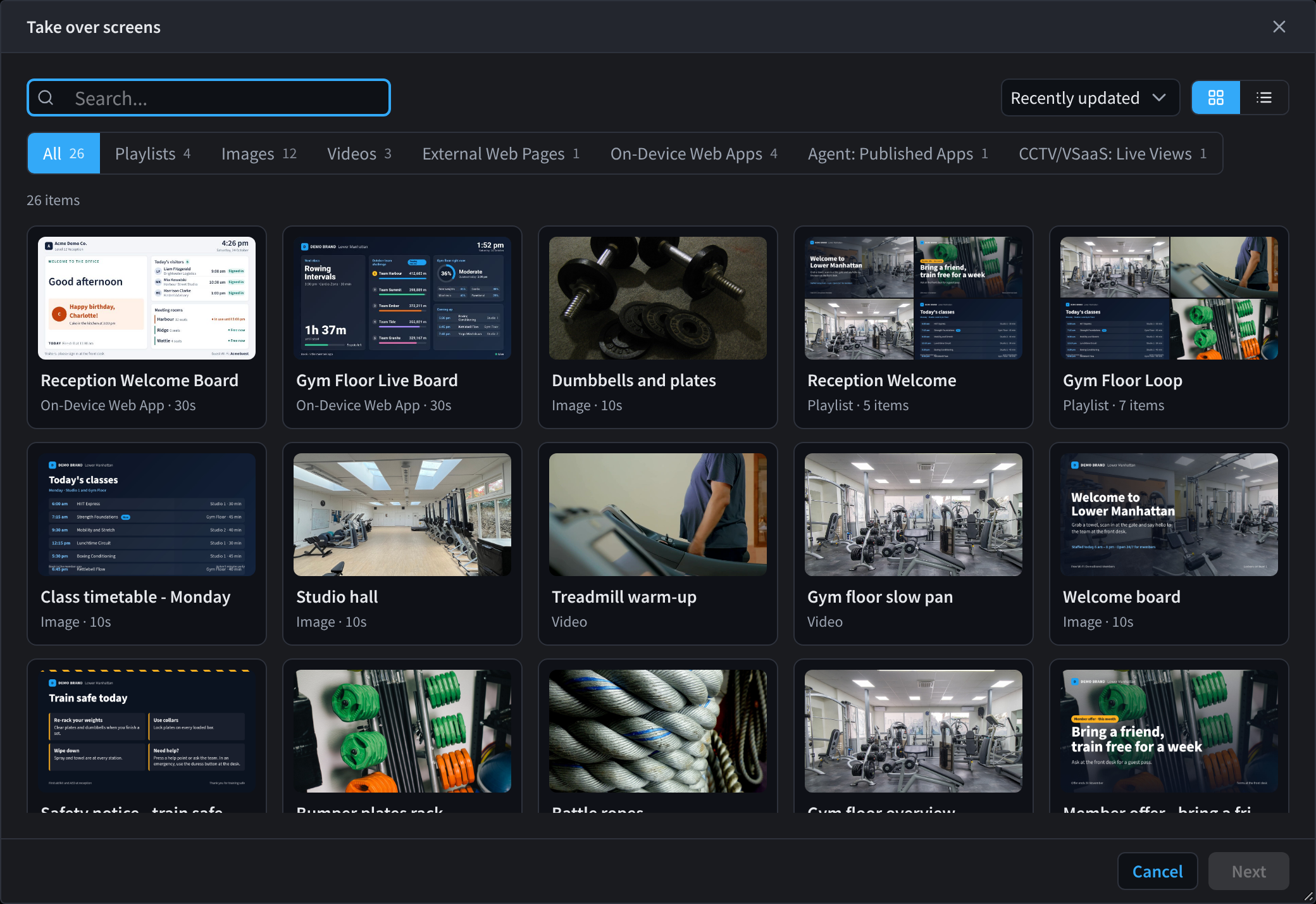 The Take over screens content picker