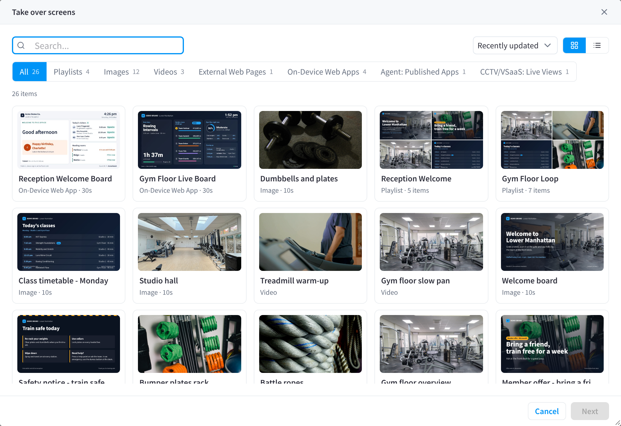 The Take over screens content picker