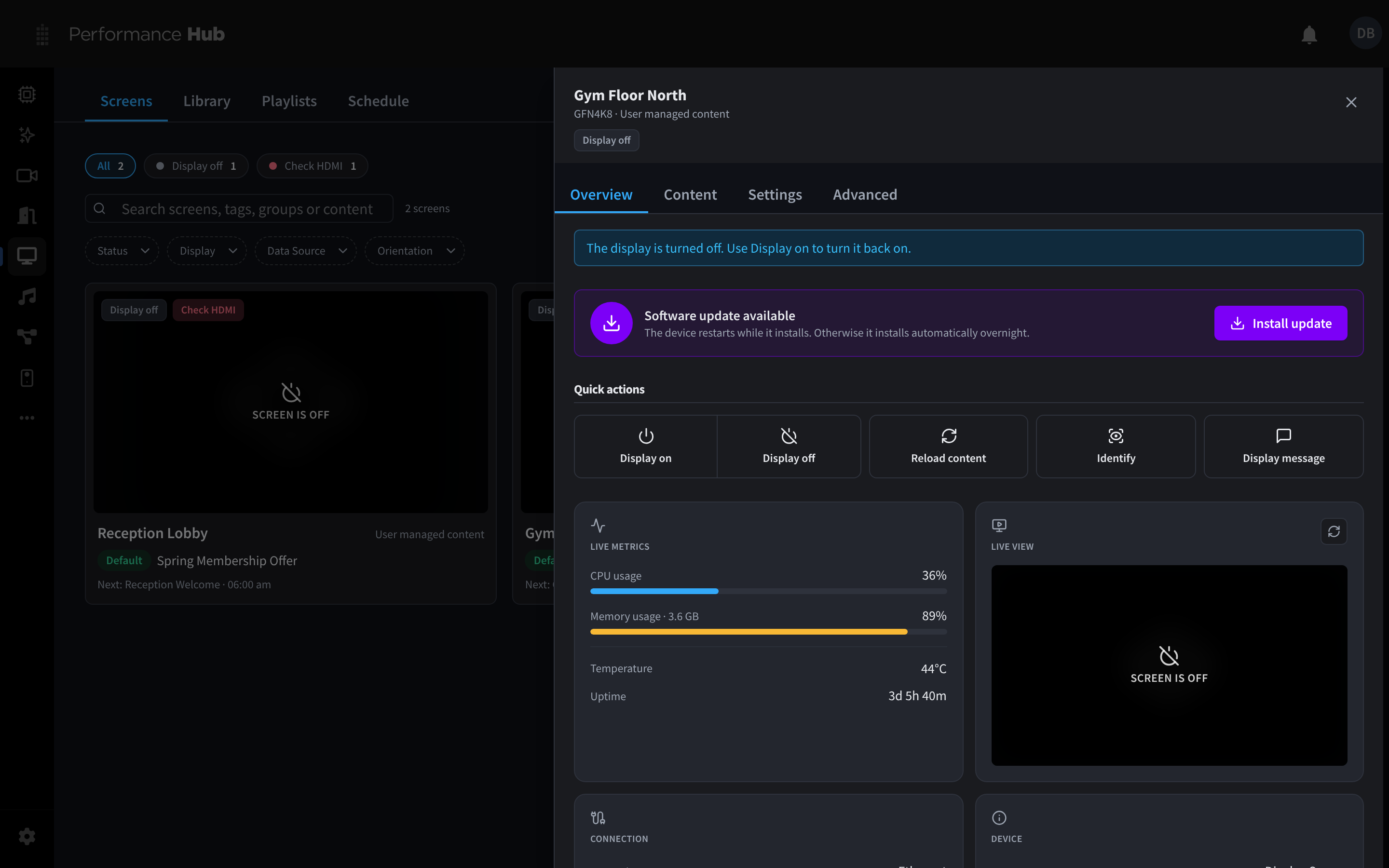 A screen's Overview tab