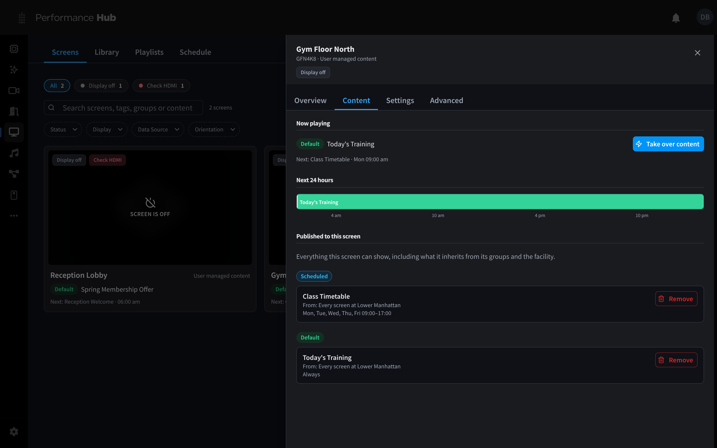 A screen's Content tab