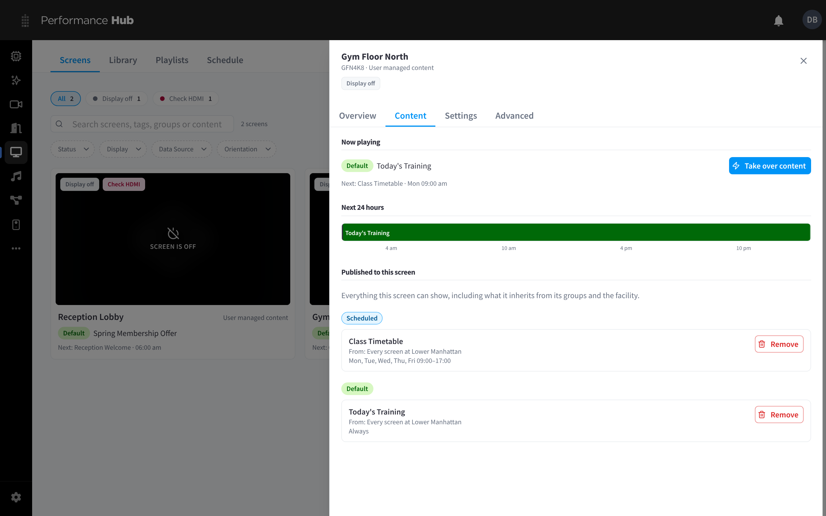 A screen's Content tab