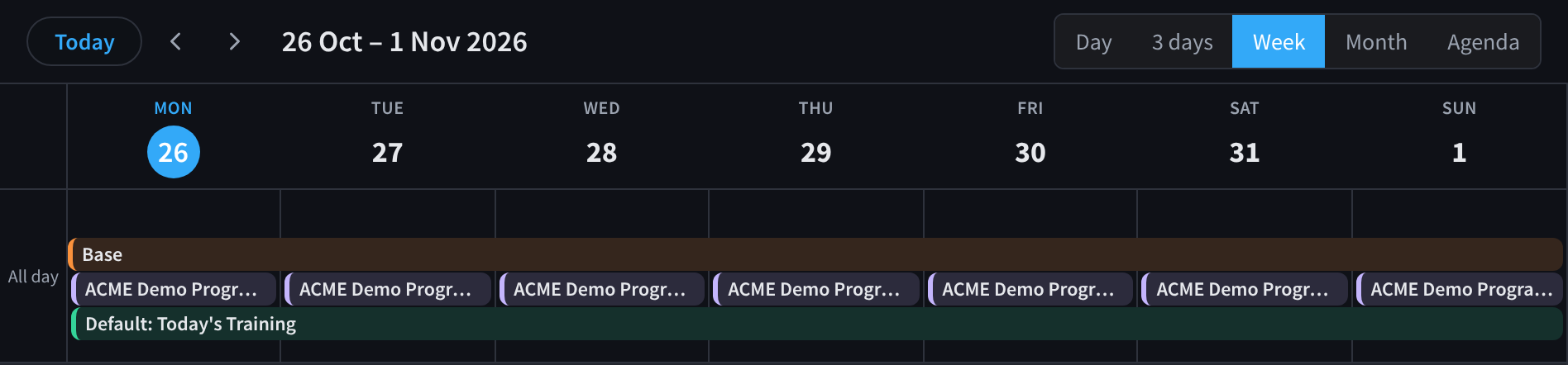 Die Wochenansicht des Schedule mit einem Banner für die Trainingsphase „Base“ über die ganze Woche und dem Workout von „ACME Demo Programs“ für jeden Tag über den Standardinhalten des Screens