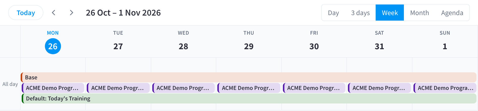 Die Wochenansicht des Schedule mit einem Banner für die Trainingsphase „Base“ über die ganze Woche und dem Workout von „ACME Demo Programs“ für jeden Tag über den Standardinhalten des Screens