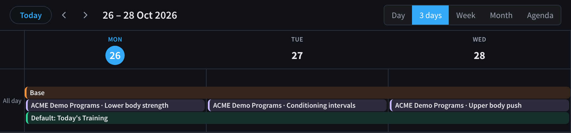 Die Ansicht „3 days“ des Schedule mit dem Banner der Phase „Base“ und einem Programmbanner für jeden Tag