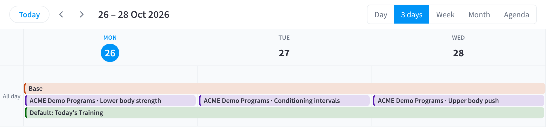 Die Ansicht „3 days“ des Schedule mit dem Banner der Phase „Base“ und einem Programmbanner für jeden Tag