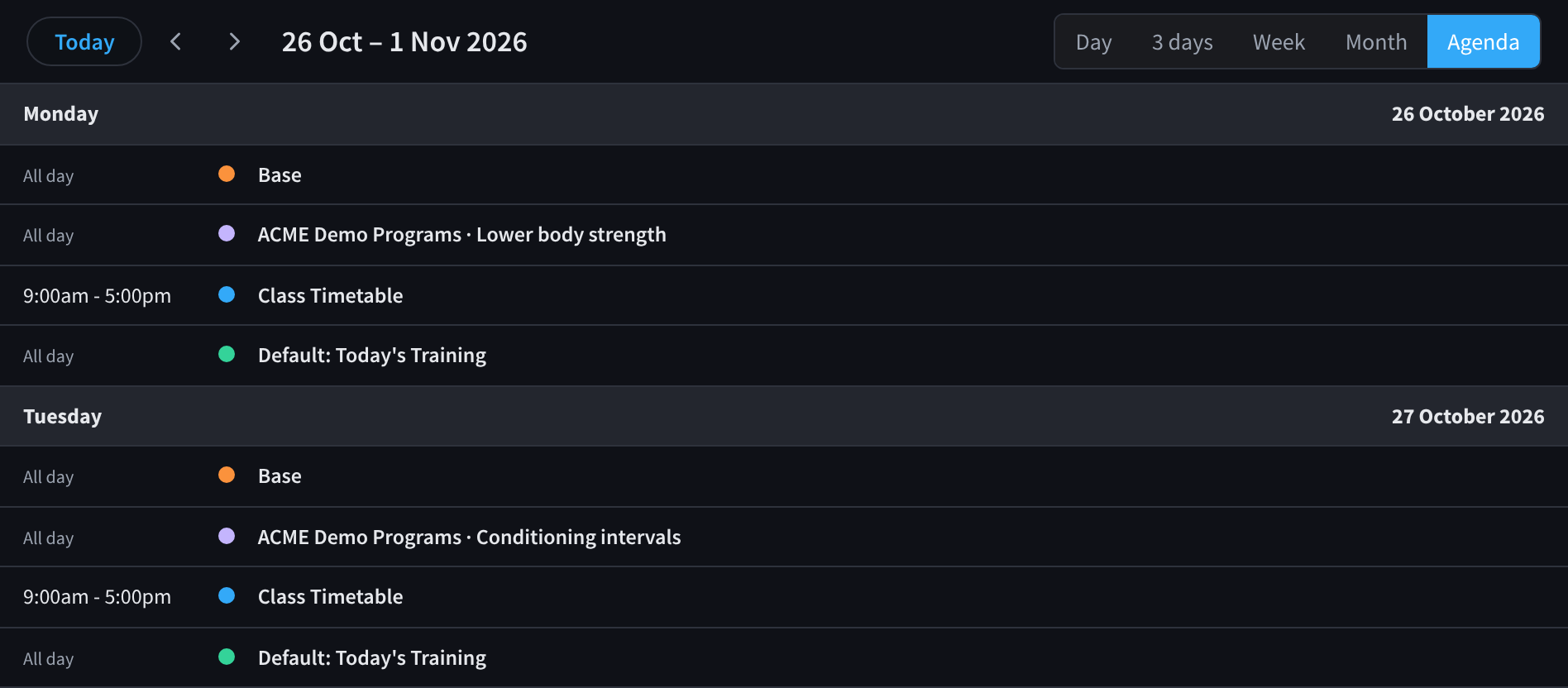 Die Ansicht „Agenda“ des Schedule mit der Phase „Base“, dem Workout von „ACME Demo Programs“, dem Kursplan „Class Timetable“ und den Standardinhalten für jeden Tag