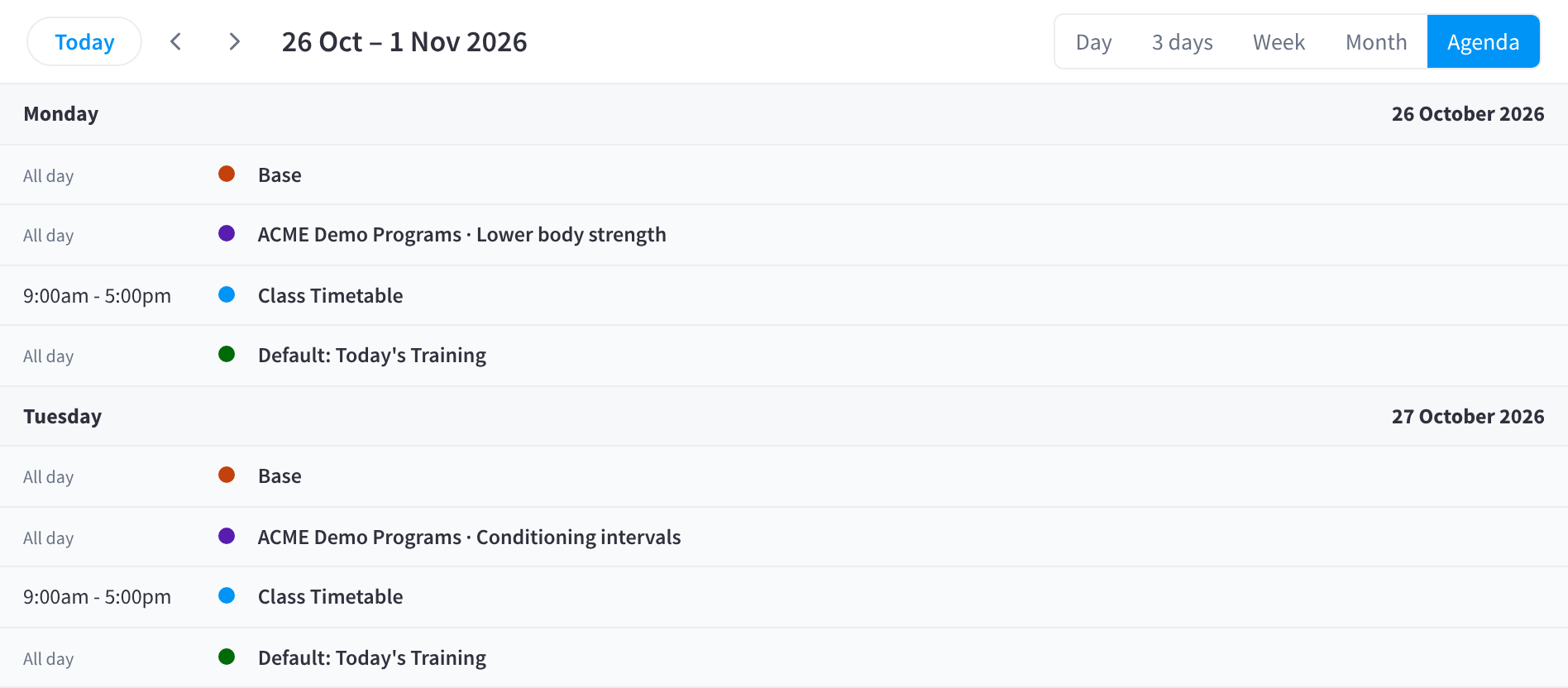 Die Ansicht „Agenda“ des Schedule mit der Phase „Base“, dem Workout von „ACME Demo Programs“, dem Kursplan „Class Timetable“ und den Standardinhalten für jeden Tag