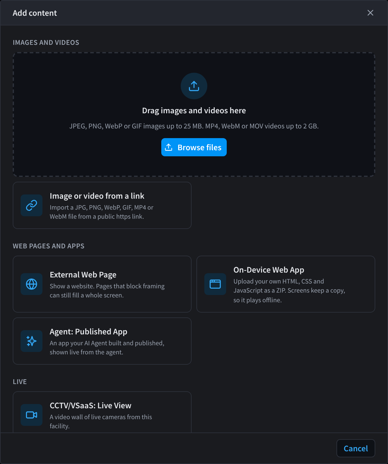 The Add content dialog